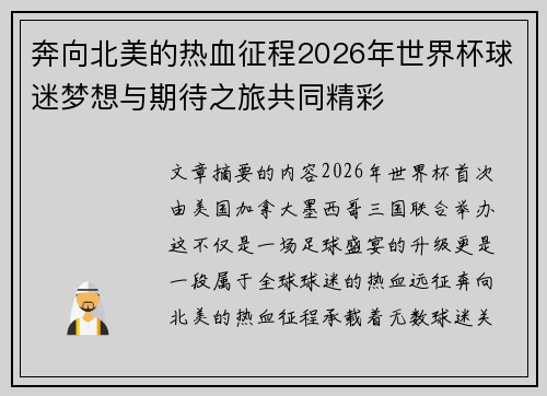 奔向北美的热血征程2026年世界杯球迷梦想与期待之旅共同精彩 奔向北美的热血征程2026年世界杯球迷梦想与期待之旅共同精彩